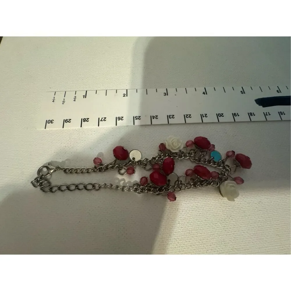 Vintage‎ Y2K Womens Pink Floral Rose Rhinestone Chain Beaded Charm Bracelet 90s